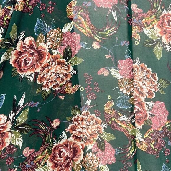 Xhilaration Kimono Green & Pink Floral Bird Sheer Long Split Sides Women sz XS/S - Picture 7 of 8